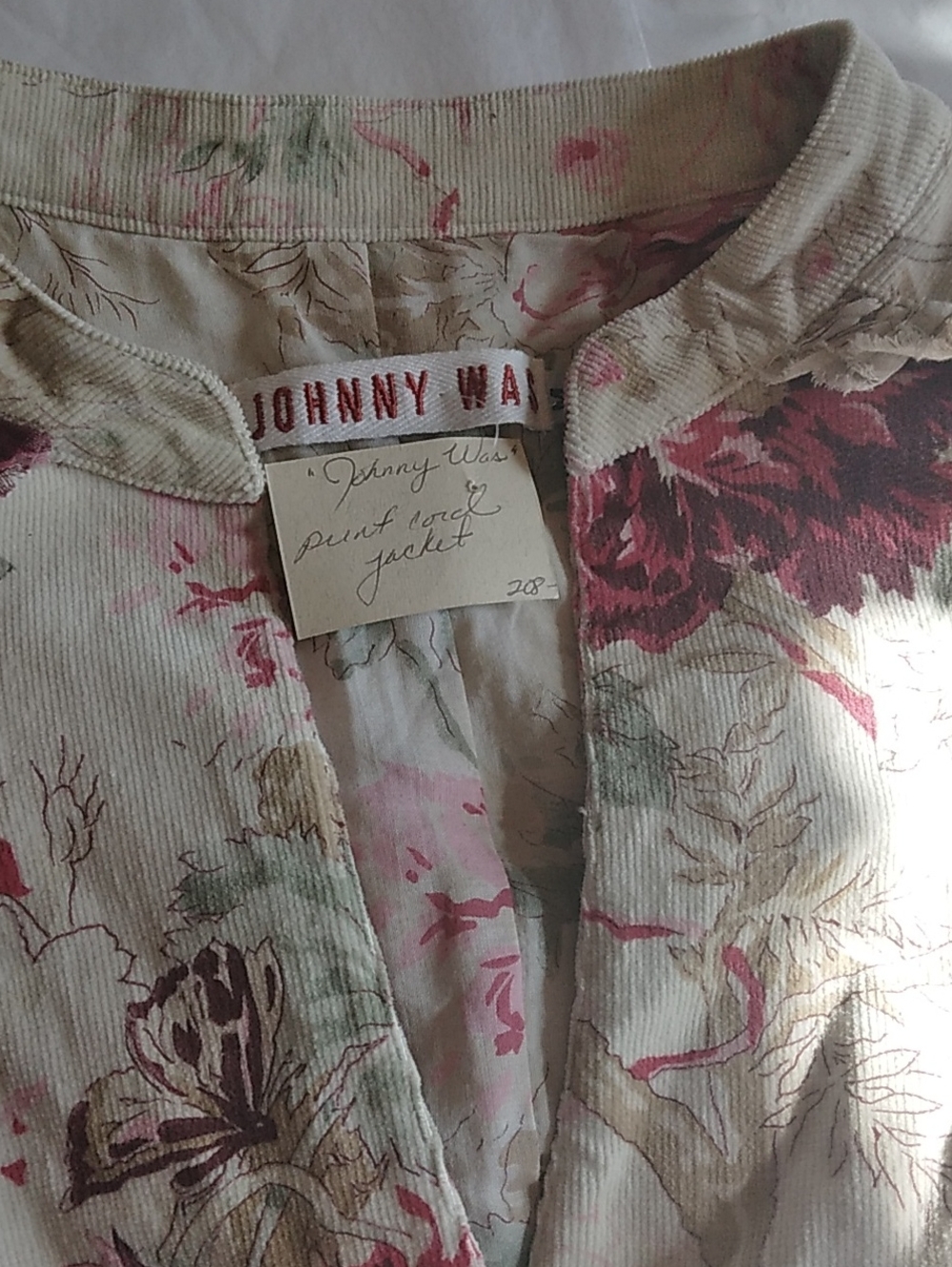 Johnny Was Cream Floral Corduroy Jacket with Pink & Green Accents